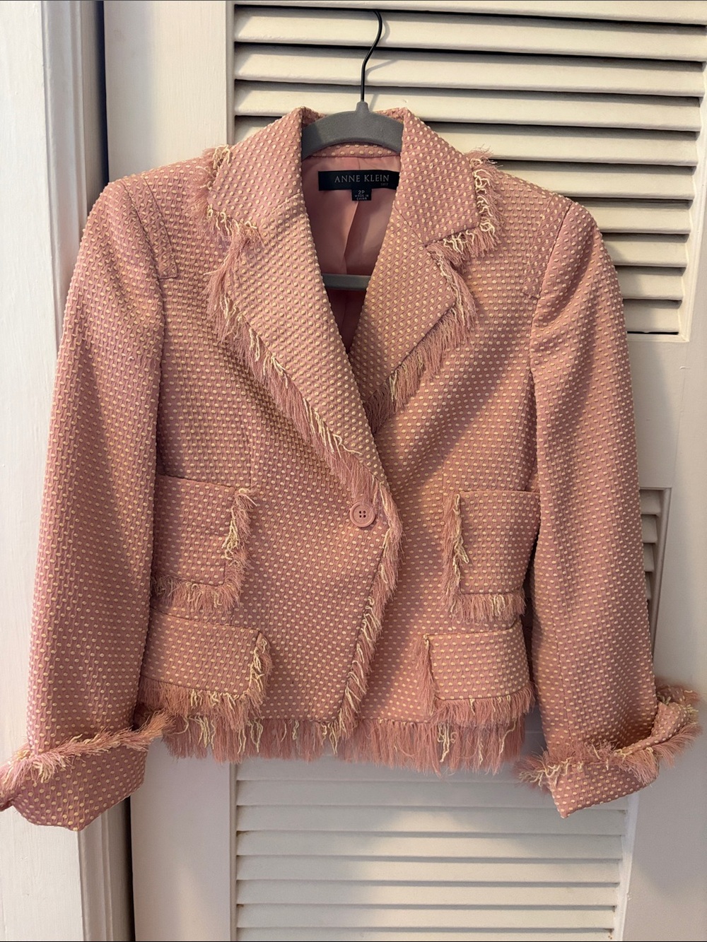 Anne Klein Blush Pink Tweed Fringe Blazer